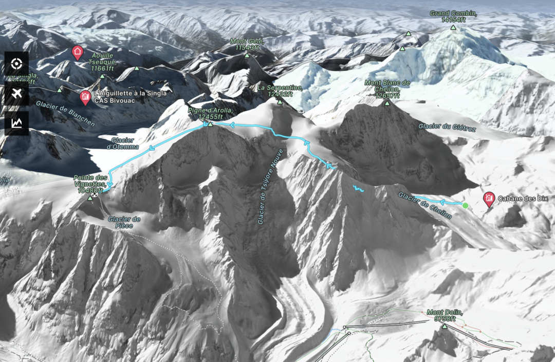 FatMap Screengrab of the typical path from the Dix Hut to the Vignettes.